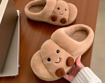 Jolies chaussons smiley en peluche - Chaussures d'intérieur confortables en polaire
