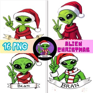 Peut inclure: Graphique numérique avec quatre extraterrestres verts portant des bonnets de Père Noël et des écharpes rouges. Chaque extraterrestre fait le signe de la paix. Les mots "16 PNG" et "Alien Christmas" sont également visibles.