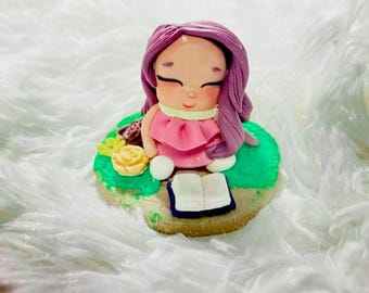 Handmade Clay Figurine – Girl Reading, Book Lover Gift