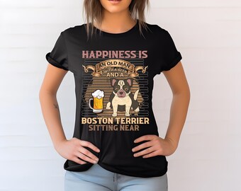 Camiseta Boston Terrier – Camiseta engraçada para amantes de cães com um velho tomando cerveja