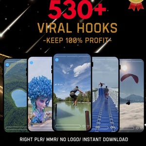 Puede incluir: Un anuncio de Reels virales de TikTok e Instagram. La imagen presenta cinco pantallas de teléfono simuladas que muestran varios ganchos de video. El texto incluye "530+ Viral Hooks" y "Keep 100% Profit". La parte inferior de la imagen tiene iconos de redes sociales.