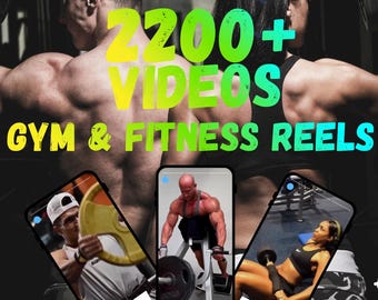 May include: Image promoting gym and fitness reels, featuring the text "2200+ VIDEOS GYM & FITNESS REELS." The image includes three phone screens displaying workout videos, with the words "RIGHT PLR/MMR," "NO LOGO," and "INSTANT DOWNLOAD." Social media icons are also present.