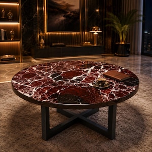 Rosso Levanto Marble Coffee Table Round Luxury Stone Center Table with Black Metal Base