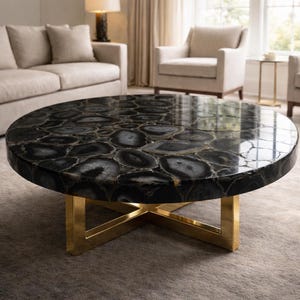 Mesa de centro redonda de ágata negra, mesa de centro de lujo de piedra para sala de estar, mesa moderna con tablero de piedra de ágata natural.