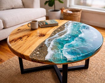 Mesa de centro de resina oceánica, mesa de madera epoxi, mesa de olas de playa, mesa de centro redonda, mesa de decoración costera, mesa de madera hecha a mano