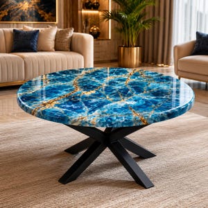 Blue Onyx Coffee Table Luxury Round Marble Table Gold Base Modern Living Room Center Table Handmade Stone Furniture (only table top)