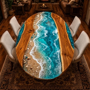 Ocean Resin River Dining Table Beach Epoxy Wood Table Coastal Dining Furniture Live Edge River Table Handmade Ocean Wave Table