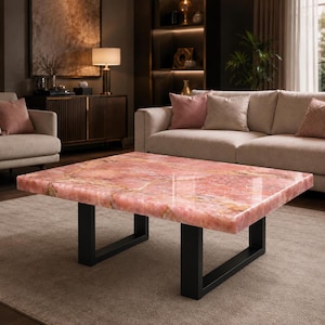 Pink Onyx Coffee Table Rectangular Marble Coffee Table Luxury Center Table Handmade Stone Cocktail Table [only table  top]