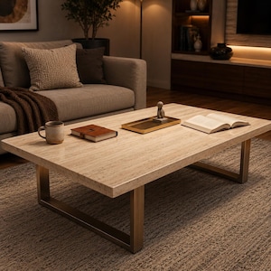Pode incluir: Uma mesa de centro retangular com tampo de pedra travertino bege e estrutura de metal dourado escovado. A superfície da mesa contém uma caneca de cerâmica, um caderno com capa de couro castanho, uma bandeja retangular dourada com uma estatueta e um livro aberto.