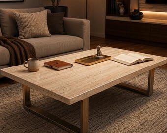 Rectangular Travertine Coffee Table Natural Stone Coffee Table Luxury Living Room Center Table Modern Beige Cocktail Table (only table top)