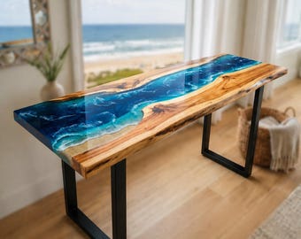 Tavolino consolle Ocean, scrivania da spiaggia in resina epossidica fatta a mano, mobile da ingresso in legno con bordo naturale, tavolino da divano costiero, complemento d'arredo di lusso per corridoio.