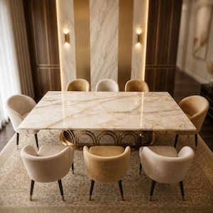 Puede incluir: Un lujoso juego de comedor con una gran mesa rectangular de mármol con base dorada, rodeada de ocho sillas tapizadas en varios tonos neutros. La habitación tiene una alfombra estampada y elegantes paneles de pared.