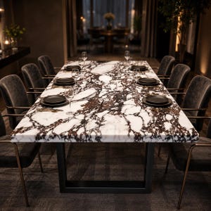 Puede incluir: Una mesa de comedor rectangular con un tablero de mármol blanco con vetas marcadas en marrón oscuro y negro, sostenida por un marco de metal negro. La mesa está dispuesta con ocho sillas tapizadas en gris oscuro, platos negros y copas de vino.