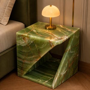 Green Onyx Side Table Geometric Natural Stone Nightstand Modern Marble Cube End Table Luxury Bedroom Decor Accent Pedestal Plinth