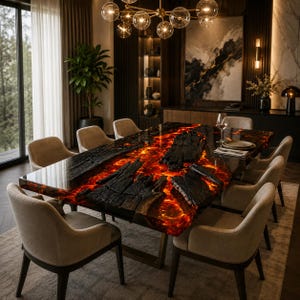 Op de afbeelding: Een rechthoekige eettafel met een tafelblad van natuurhout met een centrale inleg van gloeiende oranje en rode hars die stromende lava nabootst. De tafel is omringd door acht gestoffeerde beige stoelen met donkerhouten poten.