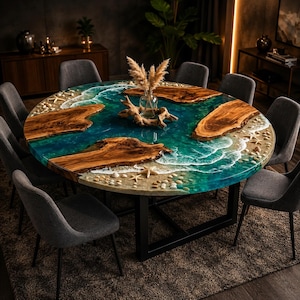 Ocean Resin River Wood Dining Table Round Epoxy Beach Table Coastal Dining Furniture Handmade Live Edge Ocean Wave Table