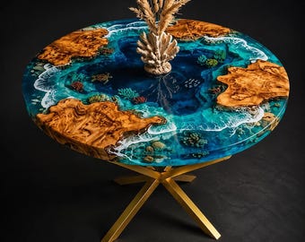 Mesa de comedor redonda de resina de río y madera, mesa de playa de epoxi, muebles de comedor costeros, mesa hecha a mano con borde natural y diseño de olas del océano.