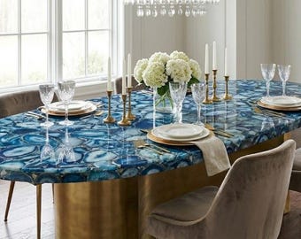 Mesa de comedor e isla de cocina de ágata azul / Losa de piedra de ágata de lujo / Tablero de mesa de piedra preciosa hecho a mano / Muebles modernos a medida