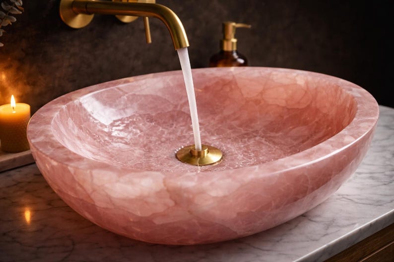 Side view of luxury rose quartz bathroom vessel sink highlighting thick natural stone and smooth polished edges