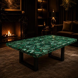 Green Agate Coffee Table Luxury Rectangular Stone Center Table Handmade Gemstone Furniture Black Metal Base Living Room Decor