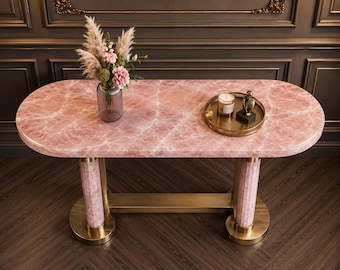 Luxury Pink Rose Quartz Console Table Oval Natural Stone Entryway Table for Living Room & Hallway Decor