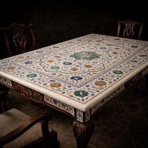 Eettafel met marmeren inleg Rechthoekige Pietra Dura-tafel Handgemaakte bloemenmarmeren eetkamertafel (alleen tafelblad)