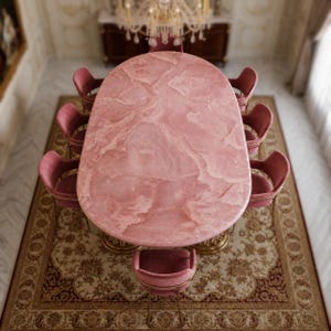 Könnte beinhalten: Draufsicht auf ein Esszimmer-Set. Ein großer, ovaler Tisch aus rosa Marmor ist von sechs rosa Samtstühlen mit goldenen Zierleisten umgeben. Der Tisch steht auf einem goldenen Sockel, und das Set steht auf einem gemusterten Teppich.
