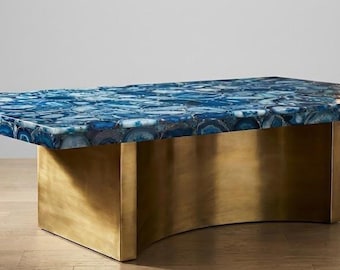 Mesa de centro de ágata azul, mesa de centro de lujo con piedras preciosas, mesa de salón moderna de piedra.