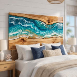 Cabecero de resina oceánica, respaldo de cama de madera costera, borde natural, olas de playa, montado en la pared, decoración de dormitorio King Queen, muebles hechos a mano y personalizados