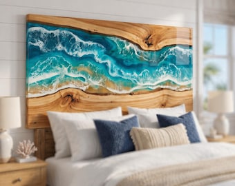 Cabecero de resina oceánica, respaldo de cama de madera costera, borde natural, olas de playa, montado en la pared, decoración de dormitorio King Queen, muebles hechos a mano y personalizados