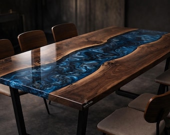 サファイアアビスオーシャンダイニングテーブル、ライブエッジウォールナットリバーデスク、ブルーエポキシ樹脂木製家具、大型手作りスラブキッチンテーブルアート