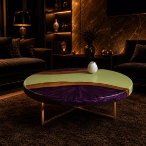 Epoxy Round Coffee Table Green Purple Resin Table Luxury Living Room Centerpiece Handmade Wood Resin Furniture