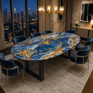 Blue Onyx Dining Table Oval Natural Stone Gold Veining Modern Luxury Statement Furniture (only table top)
