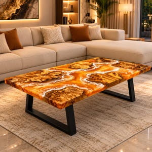 Epoxy Coffee Table Orange Resin Burl Wood Luxury Modern Living Room Statement Furniture