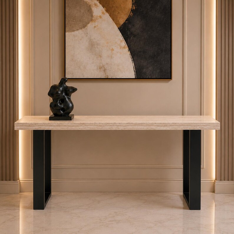 Premium travertine console table for living room and entrance decor
Minimalist natural stone hallway table with durable black metal frame
