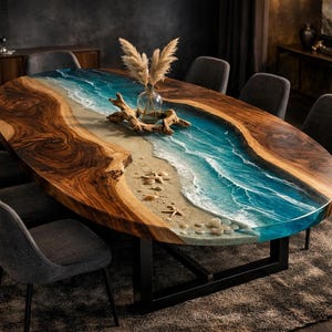 Puede incluir: Una mesa de comedor ovalada con un diseño único. La mesa presenta una superficie de madera con una escena de playa en el centro, con olas azules y arena. Está sostenida por una base de metal negro y rodeada de sillas grises.