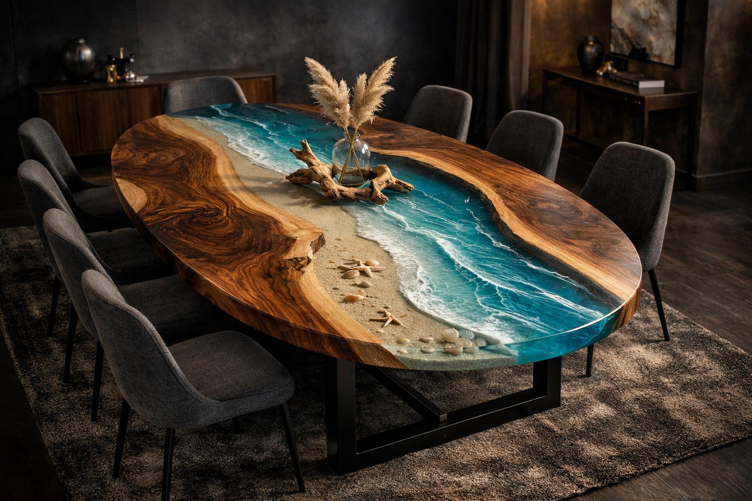 Ocean Resin Dining Table Luxury Beach Epoxy Furniture Handmade Walnut ...