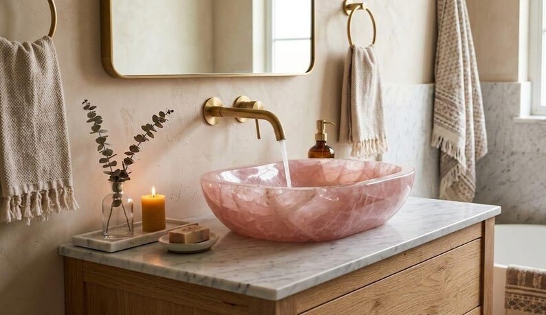 Luxury bathroom interior featuring a pink rose quartz vessel sink on marble countertop with modern brass faucet