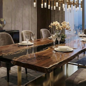 May include: A luxurious dining room featuring a large, live-edge wooden table with a dark epoxy resin inlay. The table is surrounded by upholstered chairs and set with elegant tableware. A modern chandelier hangs above, and a city skyline is visible through the window.