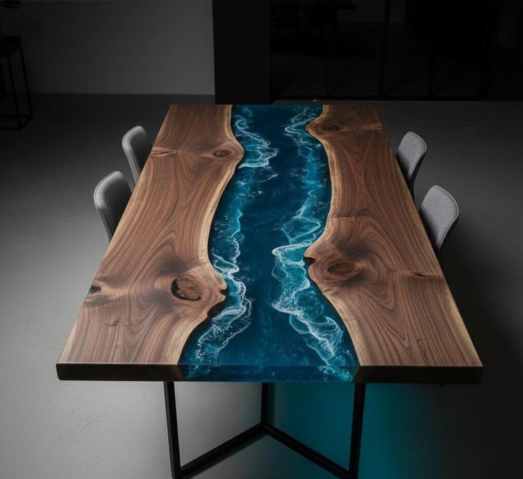 Custom Ocean Epoxy River Dining Table, Personalized Resin Walnut Table ...