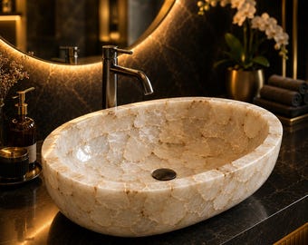 White Onyx Sink Luxury Bathroom Vessel Basin Handmade Natural Stone Washbasin Modern Vanity Decor (only sink)