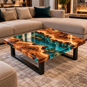 May include: A square coffee table featuring a natural wood slab with a live edge and a central translucent turquoise resin river inlay. The table is supported by four black metal legs, showcasing a polished finish and organic wood grain patterns.