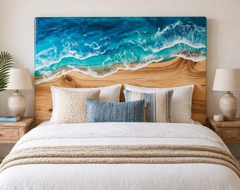 Cabecero de resina oceánica, estructura de cama de madera costera, muebles de dormitorio de lujo hechos a mano, estilo playero, tamaño king y queen, personalizados