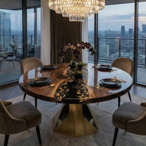 Ręcznie robiony okrągły stół jadalny z orzecha włoskiego i czarnej żywicy epoksydowej – luksusowy stół River z żywicy ze złotymi akcentami – nowoczesne meble na zamówienie