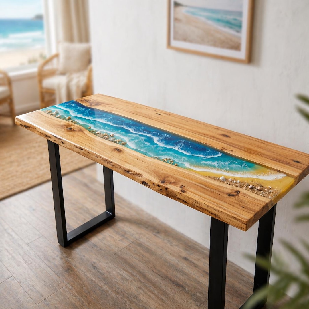 Epoxy Ocean Console Table, Beach Resin Entryway Desk, Coastal Wood Sofa ...
