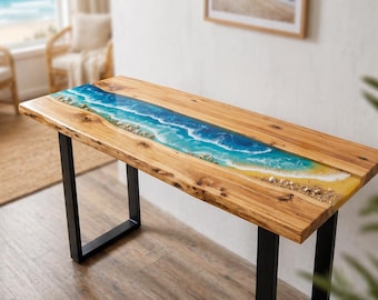 Epoxy Ocean Console Table, Beach Resin Entryway Desk, Coastal Wood Sofa Table, Handmade Live Edge Hallway Furniture, Modern Surf Decor