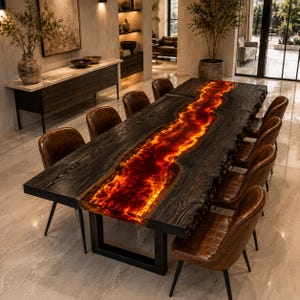 Puede incluir: Una gran mesa de comedor rectangular con dos gruesos tablones de madera carbonizada oscura y una incrustación central de resina brillante en tonos naranja y rojo. La mesa está rodeada por ocho sillas de cuero marrón con patas de metal negro.