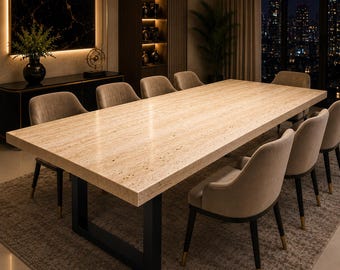 Rectangular Travertine Dining Table Natural Beige Stone Dining Table Double Pedestal Dining Table Modern Luxury Dining Table(only table top)