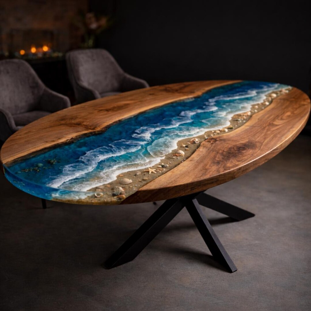 Luxury Ocean Epoxy Dining Table, Oval Walnut River Table, Handmade ...