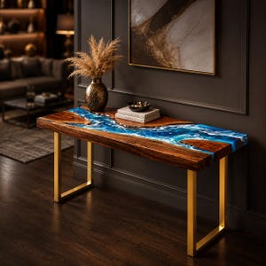 Ocean Epoxy Console Table Live Edge Walnut Wood River Console Blue Resin Entryway Table Luxury Hallway Furniture